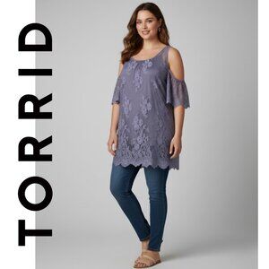 TORRID Top I Women's 1 (14-16) I Purple Lilac I Open Shoulder Flare Sleeve Lace